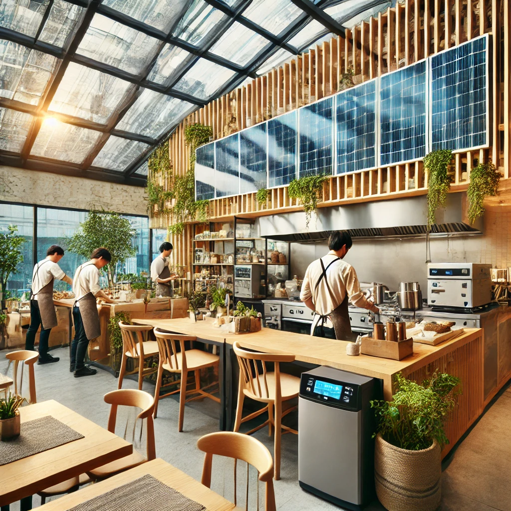 DALL·E 2024-09-30 16.45.24 - A modern restaurant with eco-friendly equipment, showcasing energy-efficient appliances, with solar panels visible through a window on the roof. The r